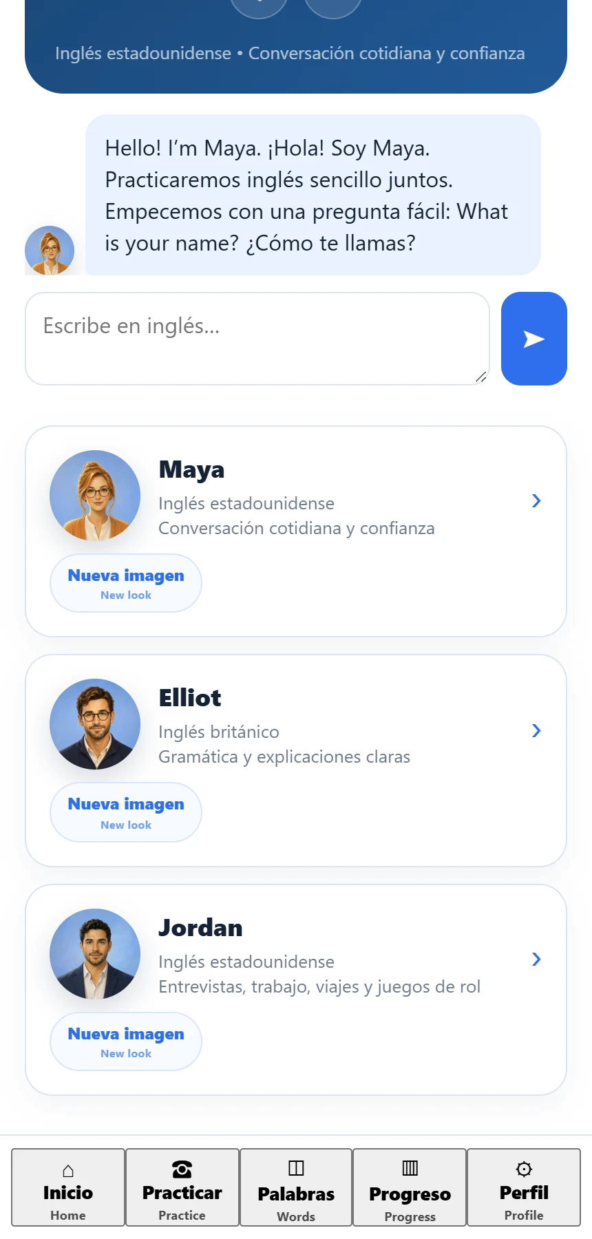 Current SayLuma app showing the tutor selector with Maya, Elliot, and Jordan.